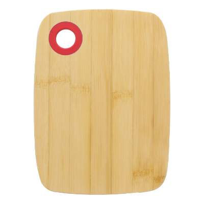 Blank bamboo cutting board with red silicone ring.