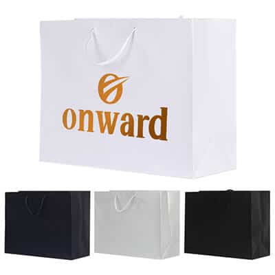 Paper white matte foil stamped recyclable eurotote bag with logo.