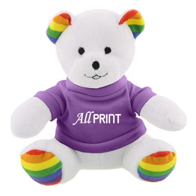 Plush and cotton rainbow bear with purple shirt with custom logo.