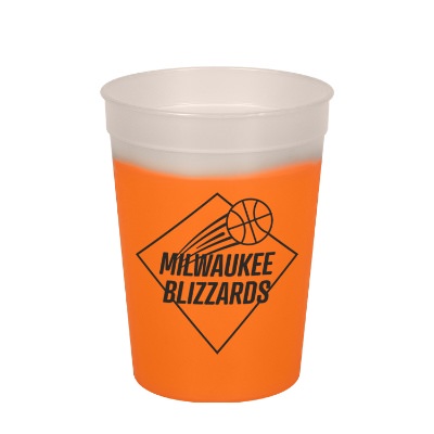 Plastic frosted to green color changing stadium cup with personalized logo in 12 ounces.