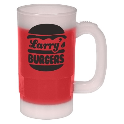 Plastic frosted to red color changing beer mug with branded logo in 14 ounces.