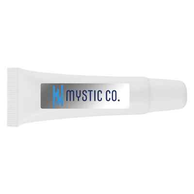 Plastic white lip balm with a custom imprint.