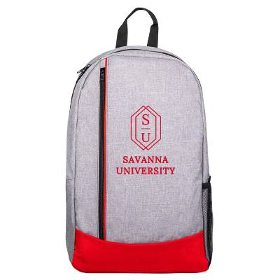 Red heathered backpack with custom logo.