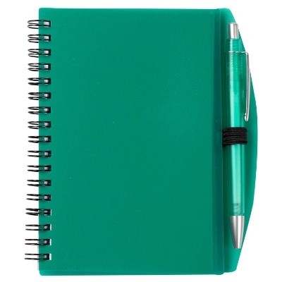 Green notebook with pen.