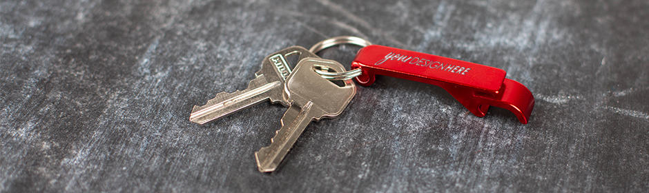 Red bottle opener custom metal keychains with engraved imprint