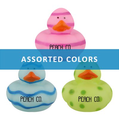 Plastic assorted branded rubber duck.