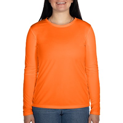 Blank safety orange long sleeve women's t-shirt.