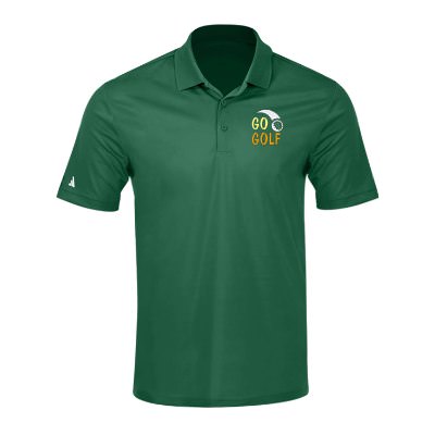 Custom men's collegiate green polo with embroidered logo.