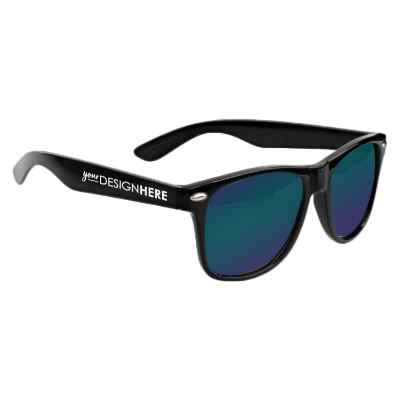 Polycarbonate blue color sensation mirrored malibu sunglasses with imprint.