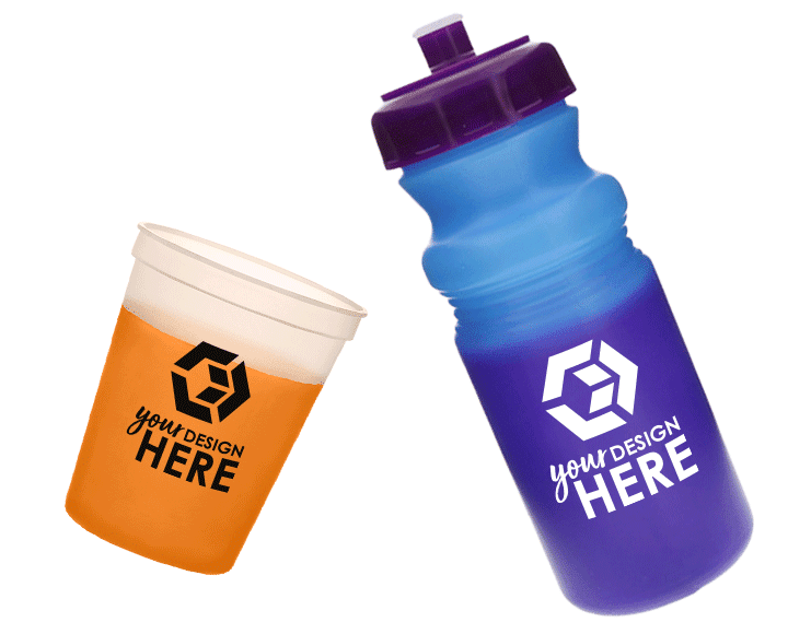 Orange color-changing cup with black imprint and purple color-changing water bottle with white imprint