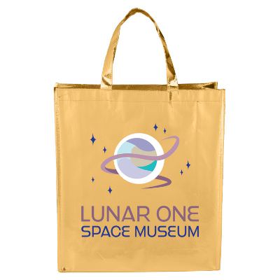 Laminated polypropylene metallic blue tote with personalized full color logo.