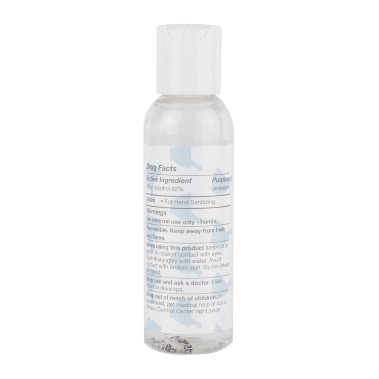 Plastic 2 ounce round bottle unscented hand sanitizer.