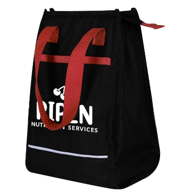 Red and black polyester identification lunch bag with custom imprint.