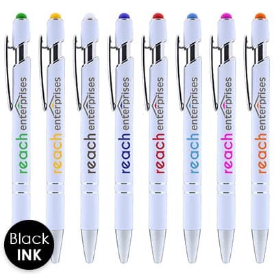 White full-color pen with custom logo.