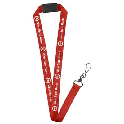 3/4 inch red satin polyester custom print lanyard with breakaway and black j-hook.