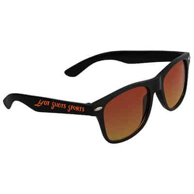 Polycarbonate orange tropical maui sunglasses with customer imprint.