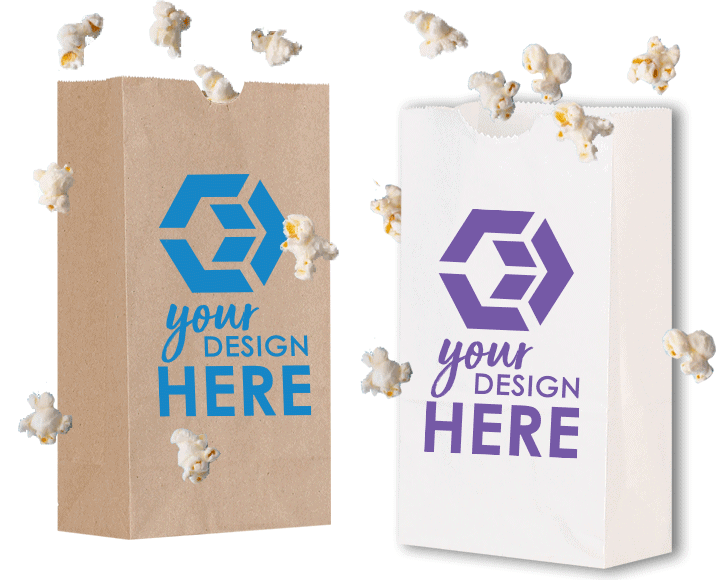 Customized popcorn bags with blue imprint and white branded popcorn bags with white imprint