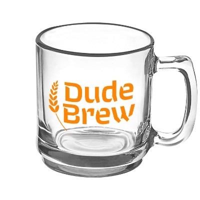 Clear coffee mug with custom logo.
