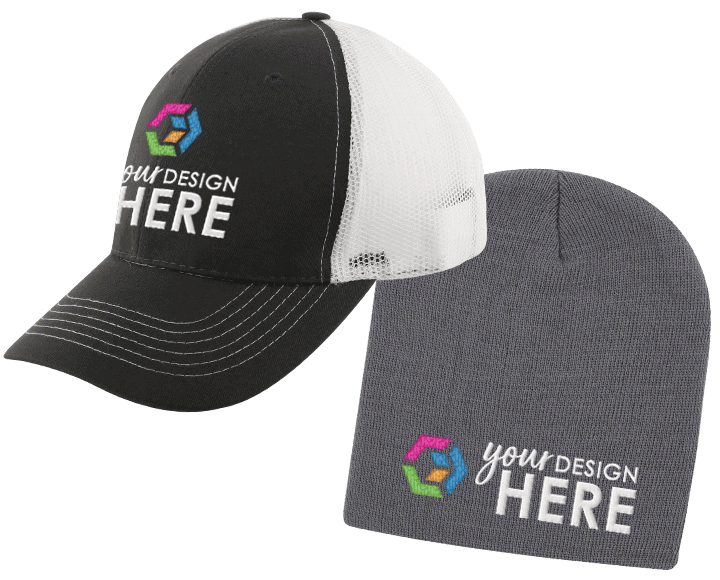 Custom embroidered hats black baseball hat with full-color embroidered logo and gray beanie with full-color embroidered logo