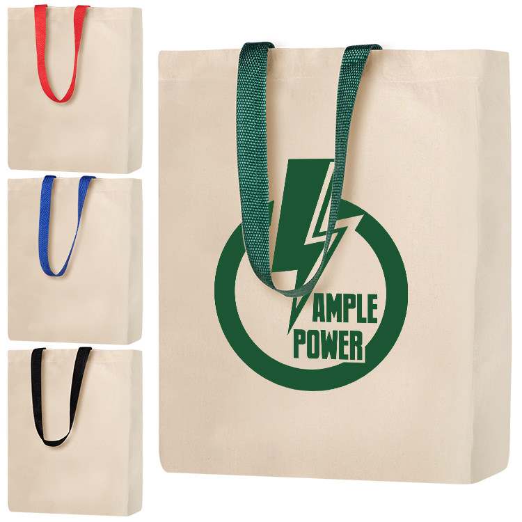 Cotton canvas natural with green grocery tote with custom logo.