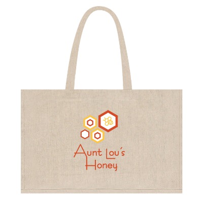 Recycled cotton gray shoulder tote bag with custom full-color logo.