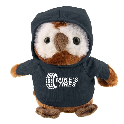 Plush and cotton owl with navy hoodie with custom imprint.