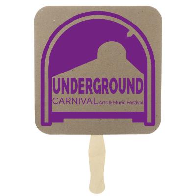 Paper brown hand fan with a personalized logo.