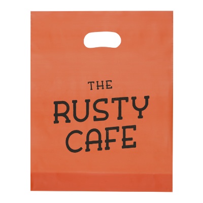 Plastic yellow die cut bag with personalized imprint.