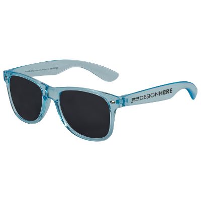 Polycarbonate translucent blue sunglasses with custom imprint.