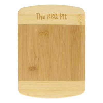 Two-tone small bamboo cutting board with custom laser engraved logo.
