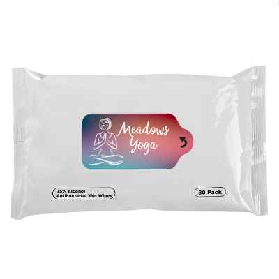 White plastic antibacterial wet wipe packet customized with a logo.