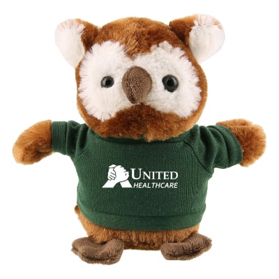 Plush and cotton owl with forest green shirt with custom imprint.