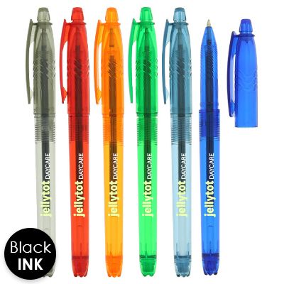 Translucent colored pen with custom logo.