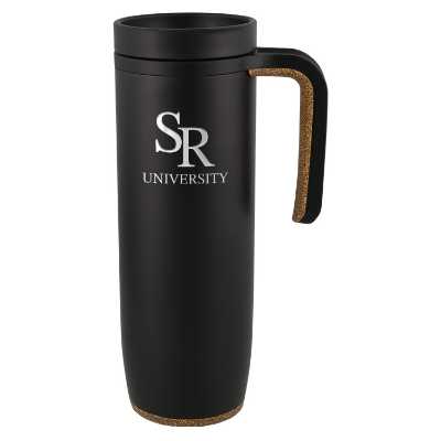 Stainless black mug with handle and custom engraved imprint in 18 oz.