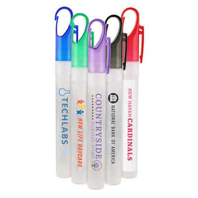 Plastic colored carabiner cap hand sanitizer with a branded logo in .33 ounce.