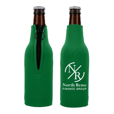 Neoprene kelly green zipper bottle with custom imprint.