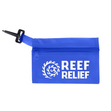 Blue vinyl first aid kit with a personalized imprint.