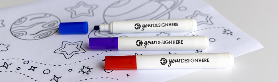 White branded markers with  black imprint