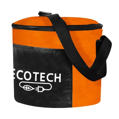 Orange polyester can lunch bag with custom logo.