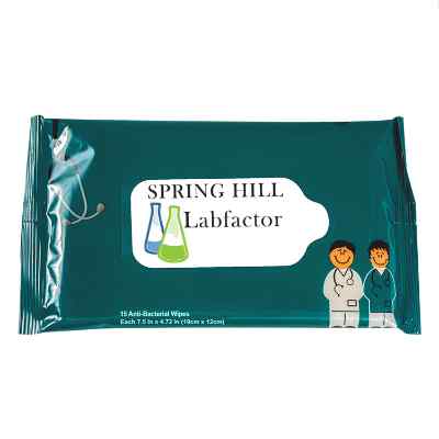 Plastic teal doctor and nurse wipes available with a full color logo.