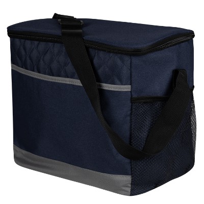 Blank navy polyester carry quilted cooler bag.