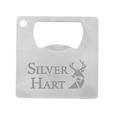 Silver mini square stainless steel bottle opener with laser engraved promotional imprint.