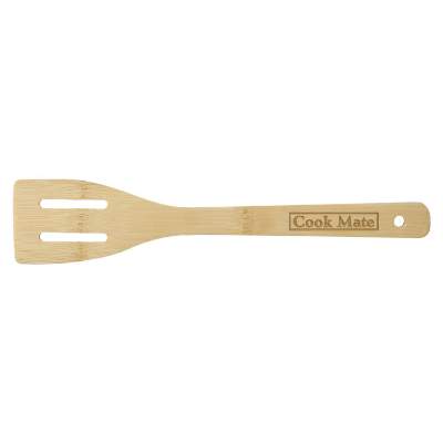 Natural bamboo spatula with laser engraved promotional logo.