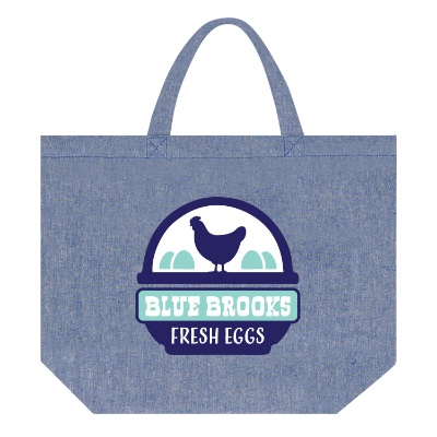 Blue recycled cotton grocery tote bag with custom full-color logo.