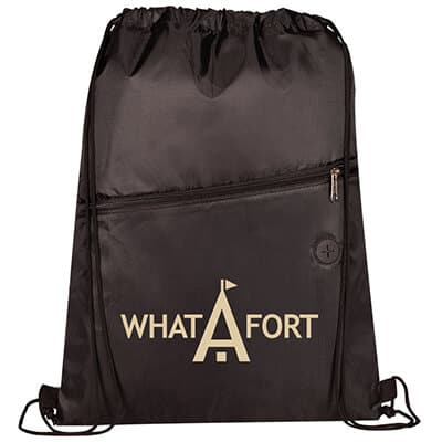 Polyester black angle drawstring cooler pack with custom logo.