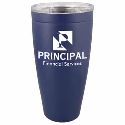 Stainless steel blue tumbler with custom branding in 30 ounces.