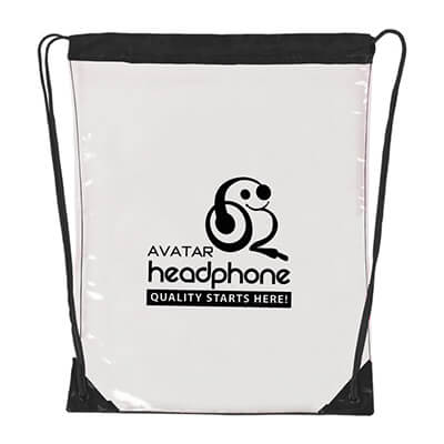 Plastic black and clear drawstring bag with personalized logo.