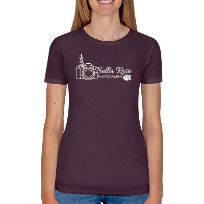 Women's plum short-sleeve t-shirt with logo.