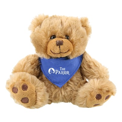 Plush and cotton brown bear with royal blue shirt with personalized imprint.