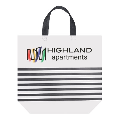 Polypropylene khaki striped tote with customized full color imprinting.